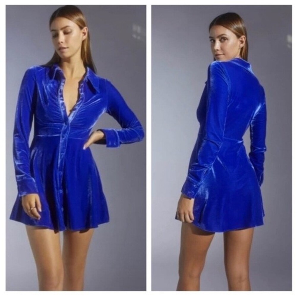 Urban Outfitters Uo Nellie Ruched Velvet Shirt Dress in Blue XS NWT